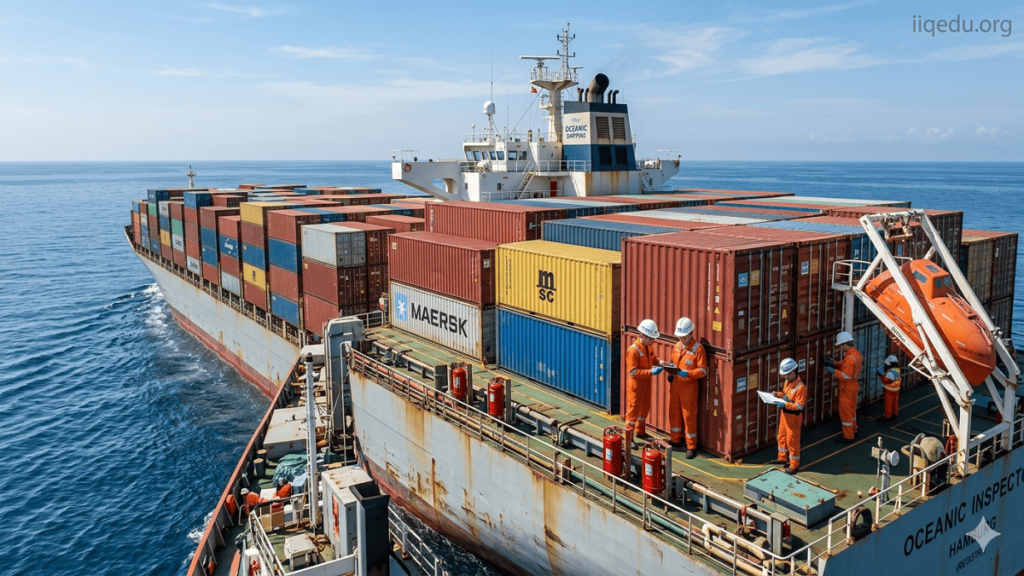 Maritime & Shipping Quality Control. Dock workers inspecting cargo containers on a vessel at a busy port, demonstrating shipping quality control procedures. Semi-transparent watermark ‘iiqedu.org’ in the top-right corner.