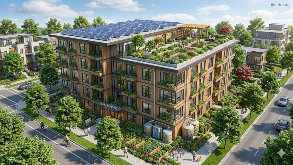 Real Estate Quality and Green Building. “Modern sustainable building with energy-efficient design and eco-friendly materials.”