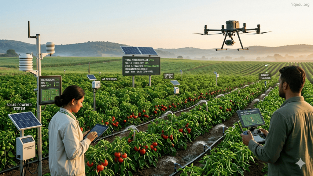 Farmers monitoring crops using drones and IoT sensors, automated irrigation systems, and digital dashboards displaying soil and crop data.