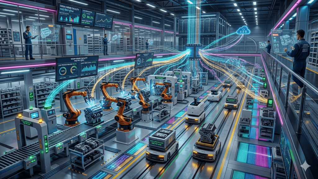 "A high-tech manufacturing line with AI-driven robotic arms, autonomous vehicles, and digital interfaces, showcasing a self-learning factory system."