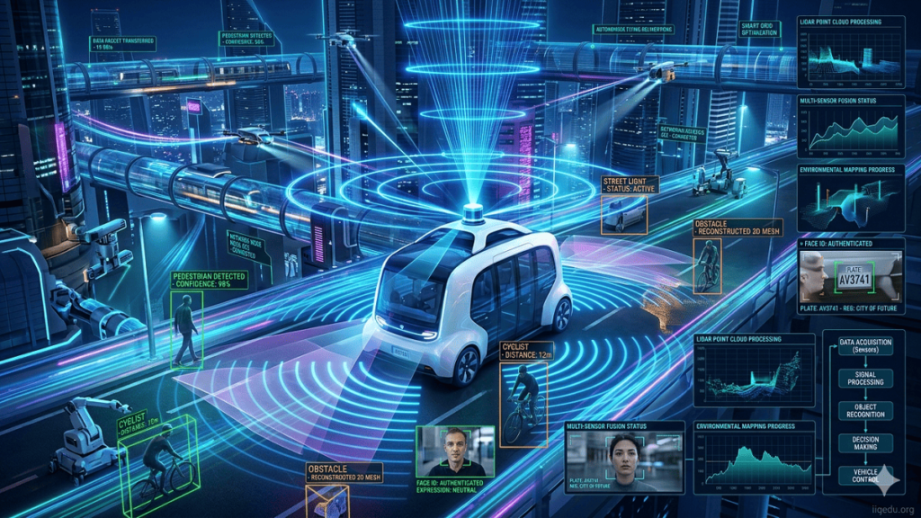 Advanced Sensing and Vision technology showing sensors, cameras, and AI analyzing a smart city environment with autonomous systems.