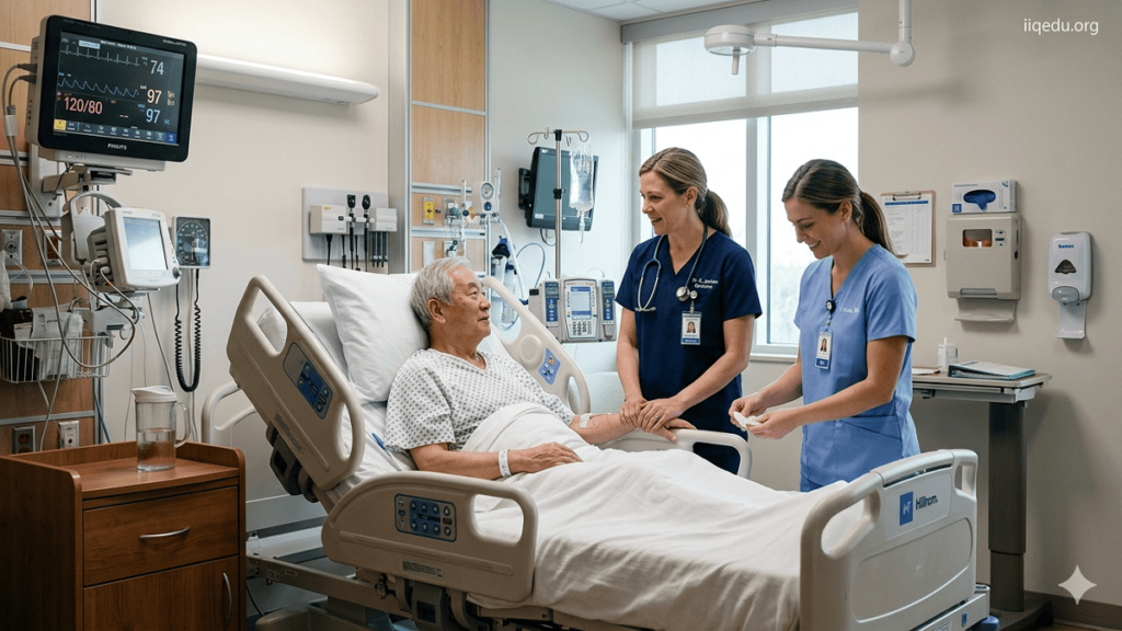 Doctor and nurse providing attentive care to a patient in a clean, modern hospital room with medical equipment visible.