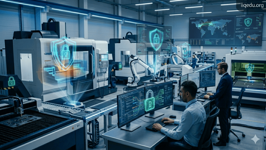 ISO 27001 and Cybersecurity Audits. Corporate office with employees working on secure computer systems and data servers, glowing shield and padlock icons representing cybersecurity, watermark 'iiqedu.org' in top right.