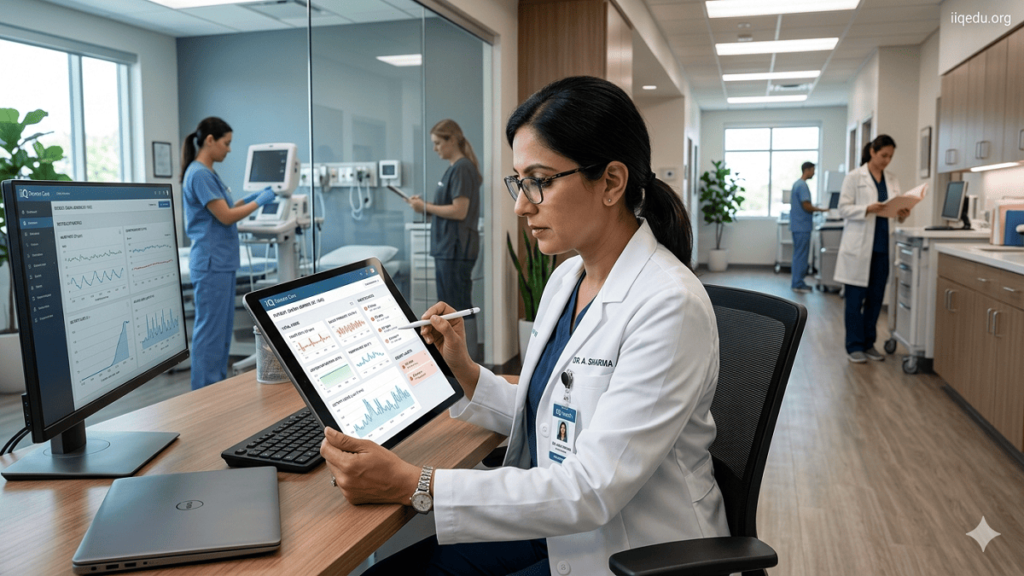 Healthcare professional reviewing patient data and vital signs on a tablet through a remote monitoring mHealth app in a modern clinic.