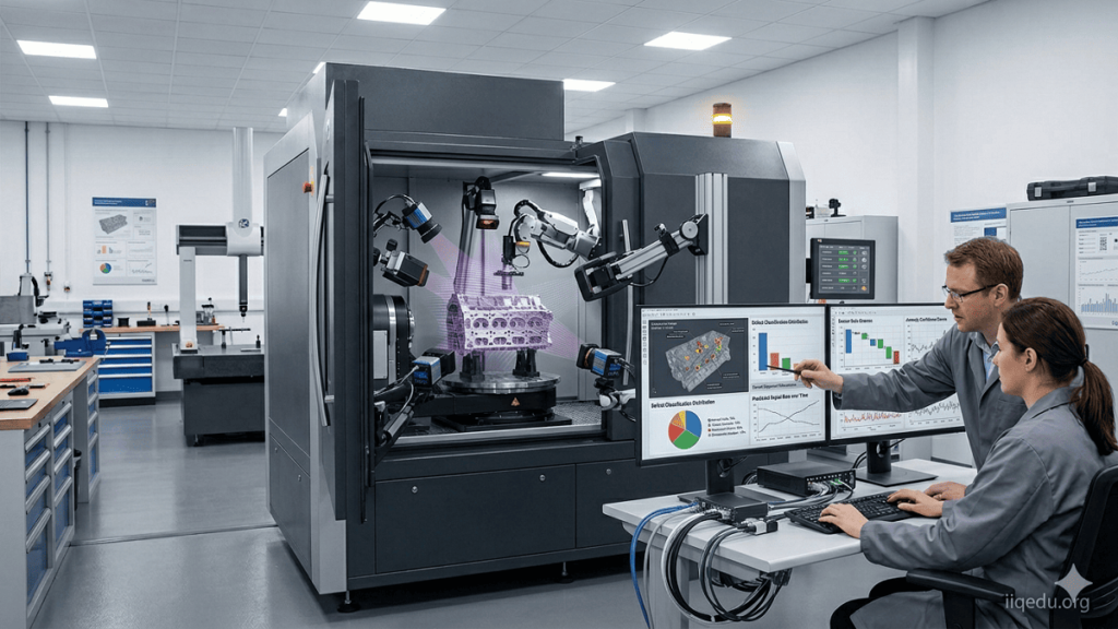“AI and machine learning system analyzing products on a production line for defects, showing dashboards and predictive insights on computer screens, watermark iiqedu.org.”