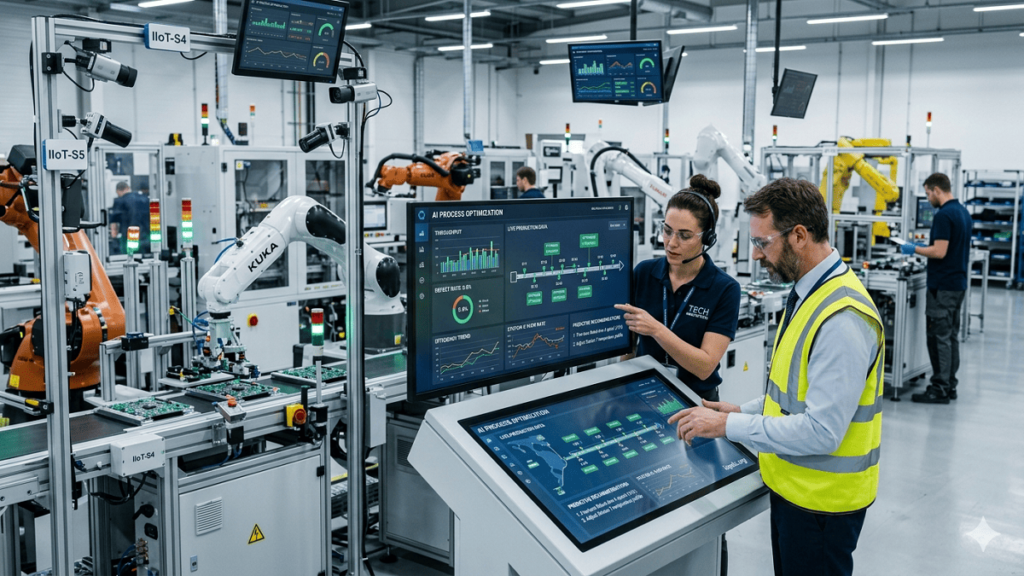 “AI-powered process optimization system analyzing production data, showing dashboards and predictive recommendations on a computer screen, watermark iiqedu.org.”