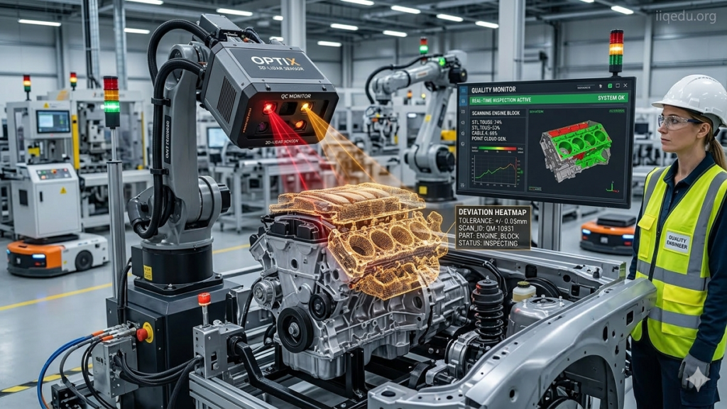 LIDAR-based Quality Monitoring automotive components and machinery, generating 3D point clouds for real-time quality monitoring with top-right watermark ‘iiqedu.org’