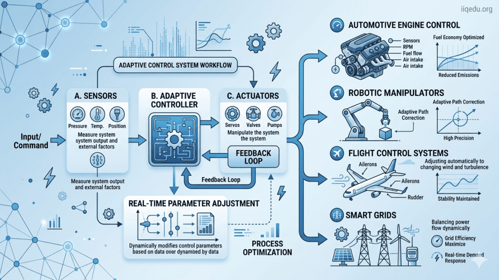 Infographic showing Adaptive Control Systems in action, including sensors, actuators, adaptive controllers, and feedback loops in automotive, robotics, aerospace, and energy applications, with iiqedu.org watermark in the top-right corner.