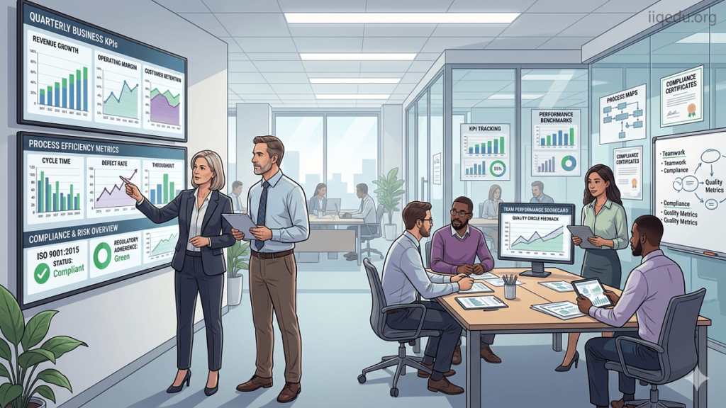 Corporate & Business Quality “Illustration of a modern corporate office where managers and employees monitor KPIs and collaborate to ensure business quality. Watermark 'iiqedu.org' is in the top-right corner.”