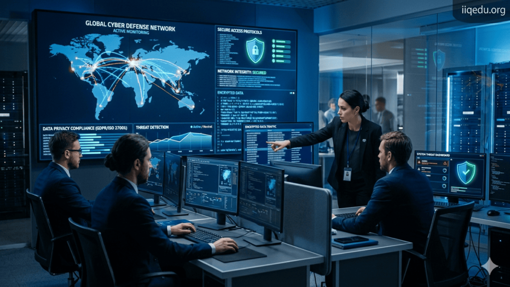 Data Privacy & GDPR Compliance. IT professionals monitoring cybersecurity systems and encrypted data on multiple screens in a modern office setting
