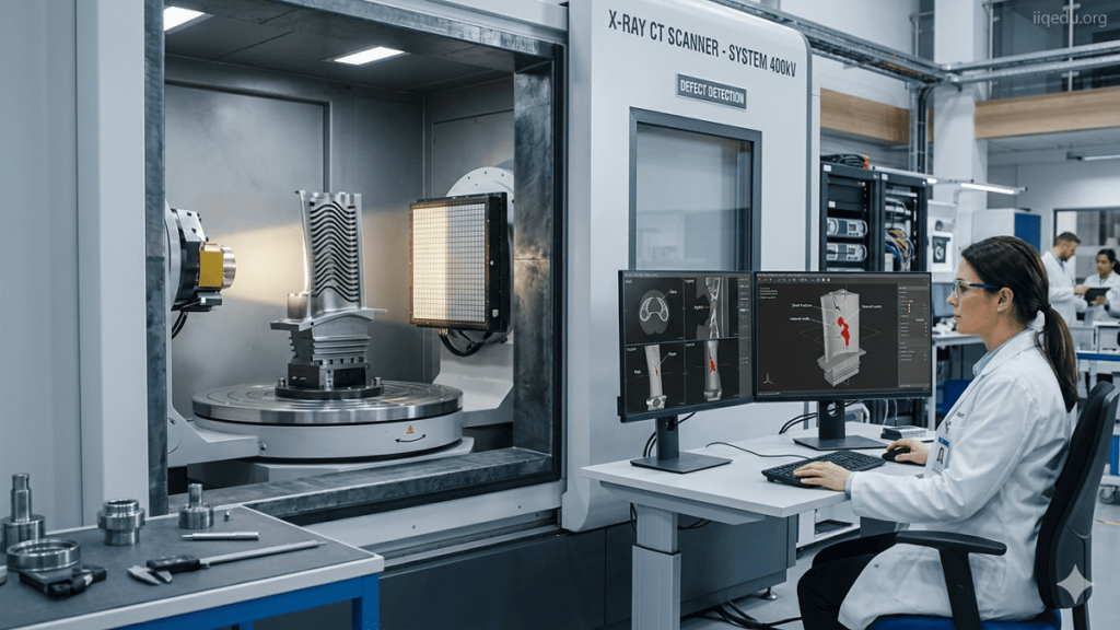 High-resolution illustration of X-ray CT scanning inspecting a turbine blade for internal defects. Cross-sectional 3D images highlight cracks, voids, and structural anomalies on monitors while a technician observes the live reconstruction. Subtle watermark 'iiqedu.org' in the top-right corner.