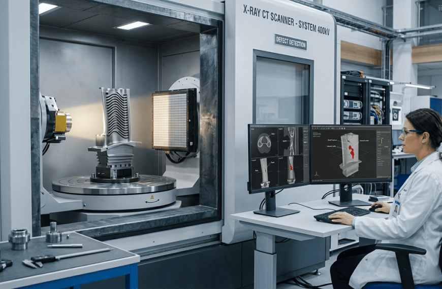 High-resolution illustration of X-ray CT scanning inspecting a turbine blade for internal defects. Cross-sectional 3D images highlight cracks, voids, and structural anomalies on monitors while a technician observes the live reconstruction. Subtle watermark 'iiqedu.org' in the top-right corner.