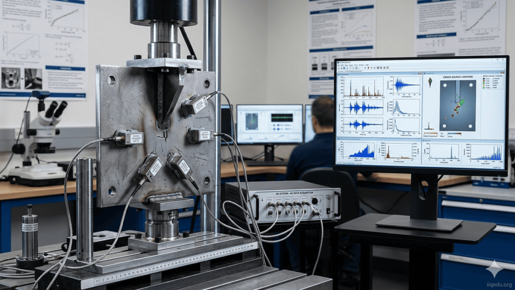 “Acoustic emission testing on a metal component with sensors detecting stress waves, waveform data displayed on a computer, watermark iiqedu.org.”