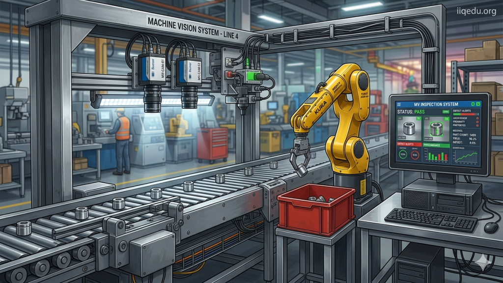 Industrial machine vision system inspecting products on a conveyor belt with cameras, sensors, and robotic arms. Computer analyzes images in real-time. Watermark 'iiqedu.org' visible in the top-right corner.