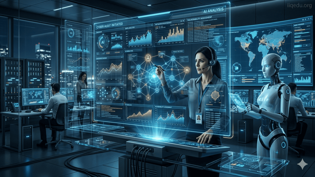 AI & Machine Learning in Cyber Audits. Futuristic cyber audit environment showing a human auditor interacting with an AI-powered interface, holographic dashboards, and glowing network connections.