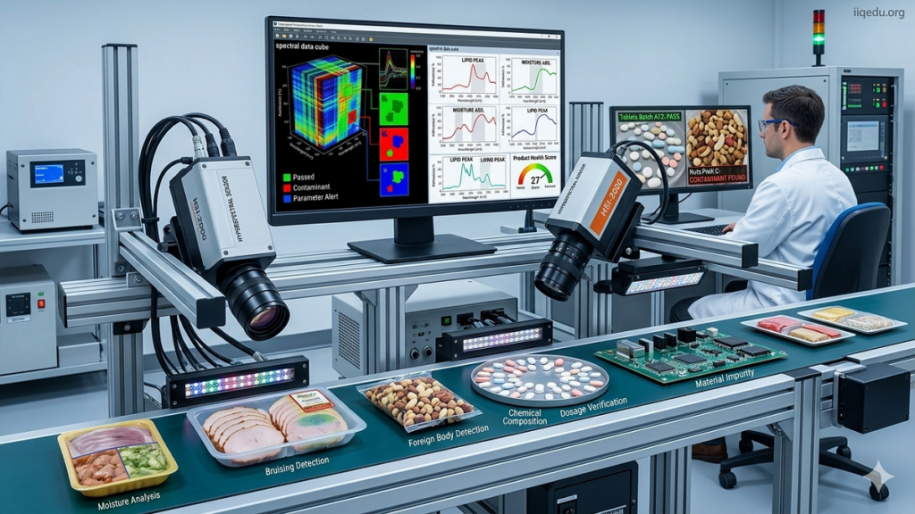Hyperspectral Imaging system inspection packaged food and pharmaceutical products with sensors and spectral analysis monitors.