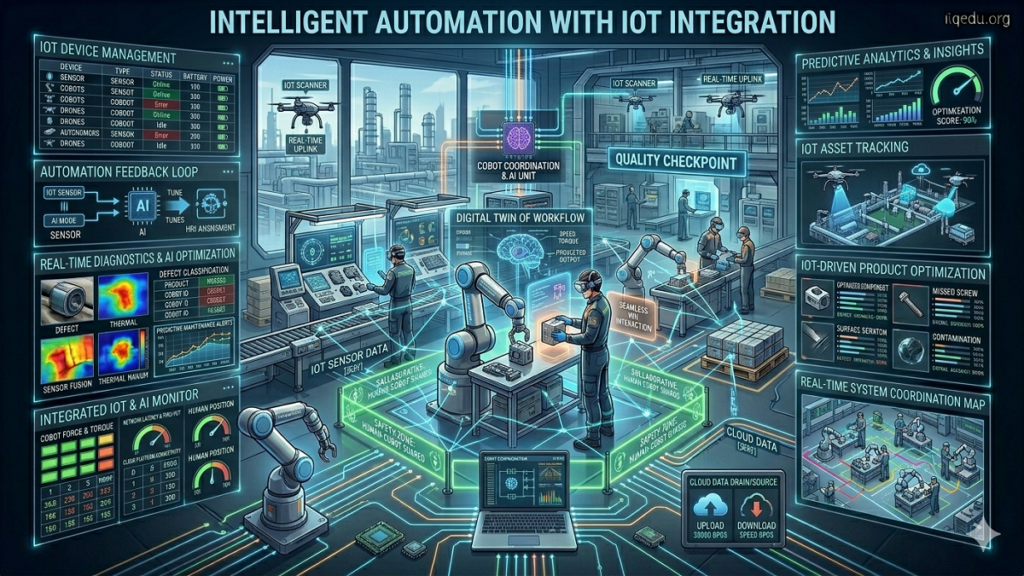 Intelligent automation system integrated with IoT devices, showing connected sensors, machines, and real-time data exchange across a smart industrial network.
