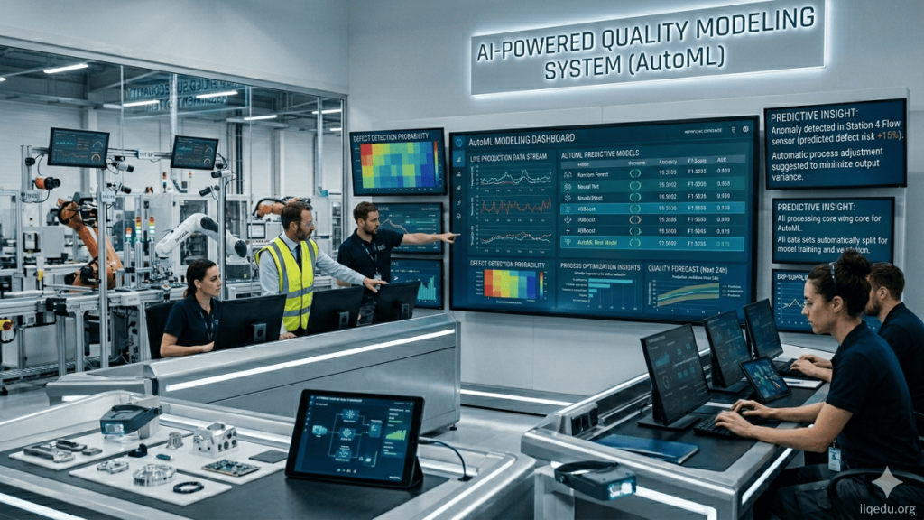 “AutoML system modeling quality data, displaying predictive insights and dashboards on a computer screen, watermark iiqedu.org.”