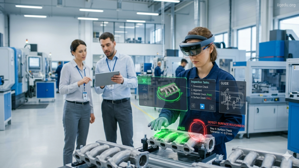 Augmented Reality for QC Training. A modern manufacturing floor and electronics lab show employees using AR headsets for quality control training. Digital overlays highlight product defects, step-by-step inspection instructions, and 3D models. Trainees interact with virtual guides while supervisors monitor performance on tablets. Screens in the background display real-time analytics and metrics. The environment is high-tech, professional, and well-lit. A small watermark “iiqedu.org” is visible in the top-right corner.