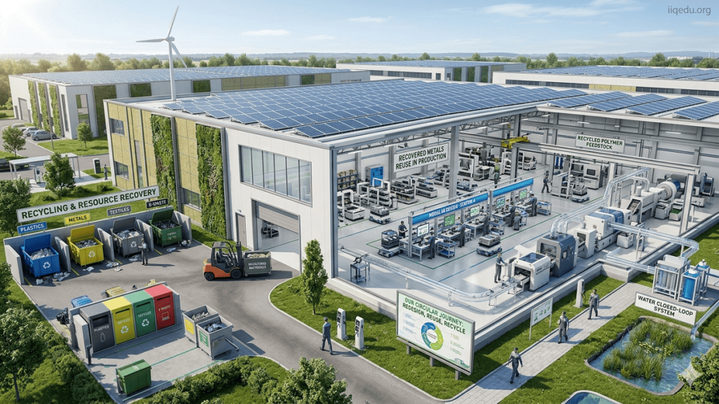 A modern manufacturing facility implementing circular economy standards, showing modular assembly lines, recycling stations, and renewable energy, with a watermark “iiqedu.org” in the top-right corner.