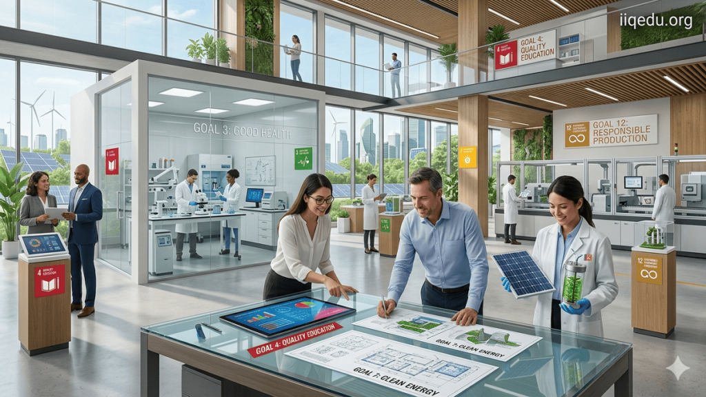 Colorful icons representing the 17 UN Sustainable Development Goals with a focus on quality, including education, health, and industry improvement.(1)