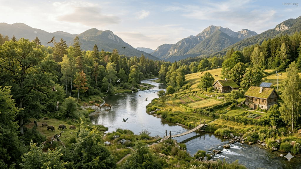 Biodiversity & Ecological Standards. A realistic scene of a lush forest ecosystem with a river, diverse wildlife, and sustainable human activity, showing harmony between nature and people, with a watermark “iiqedu.org” in the top-right corner.