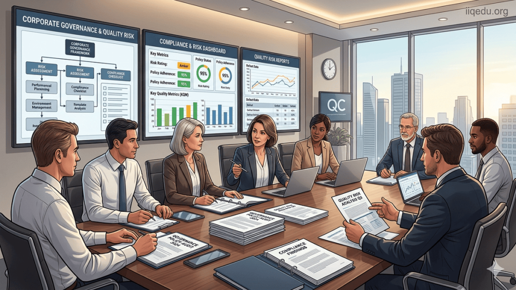Corporate Governance & Quality Risk “Illustration of executives in a modern boardroom reviewing risk reports, compliance dashboards, and quality metrics, with a semi-transparent watermark 'iiqedu.org' in the top-right corner.”