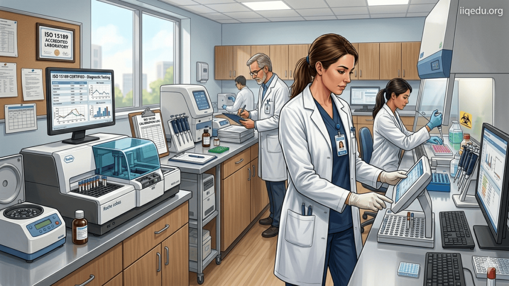 Medical laboratory scientists perform diagnostic tests in a modern hospital lab, following ISO 15189 quality standards.