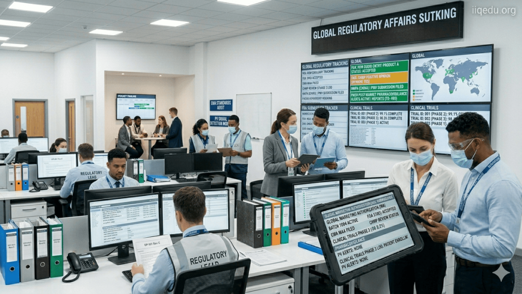 Regulatory specialists monitoring live dashboards with FDA, EMA, and international compliance data in a professional office environment.