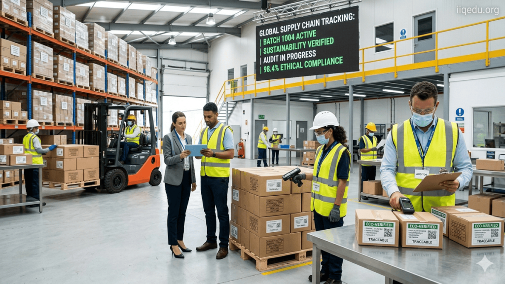Global Quality & Compliance. Employees in a multinational corporate office reviewing compliance dashboards and standardized procedures to maintain global quality and regulatory adherence.