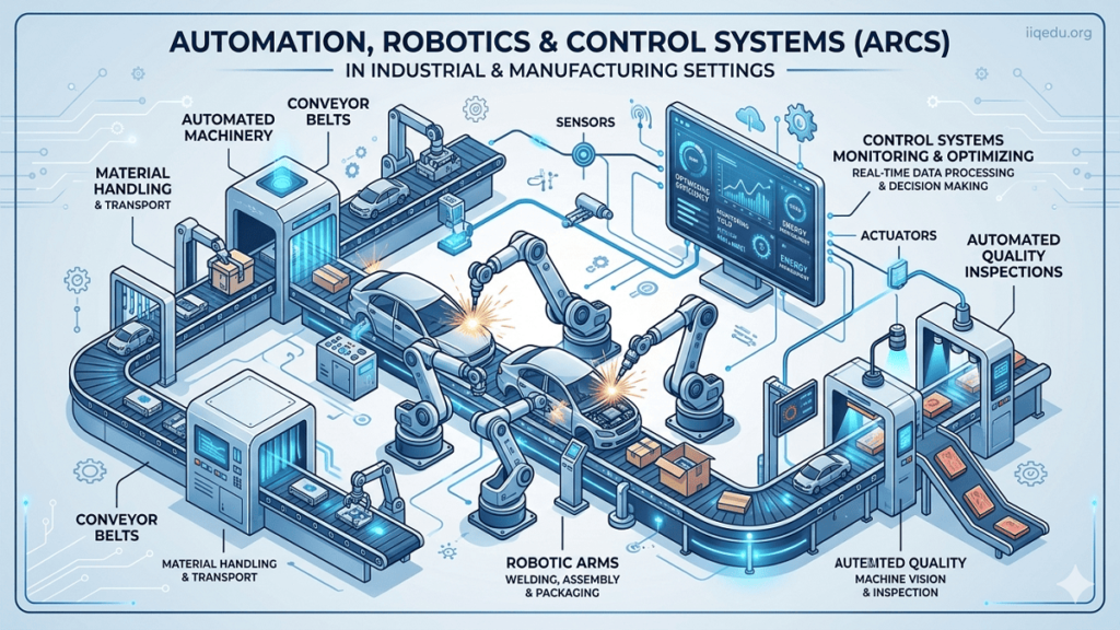 Infographic showing the workflow of Automation, Robotics & Control Systems in manufacturing, including robotic arms, sensors, actuators, and control systems, with iiqedu.org watermark in the top-right corner.