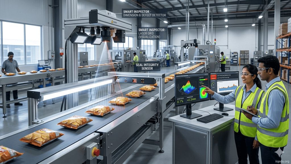 “Smart sensors inspecting products on a production line with real-time data displayed on computers, watermark iiqedu.org.”