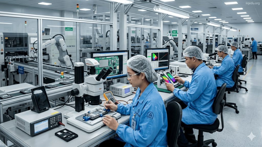 Engineers inspecting smartphones in a modern factory environment with quality control processes and a watermark in the top-right corner. Mobile Phones & Global QC.