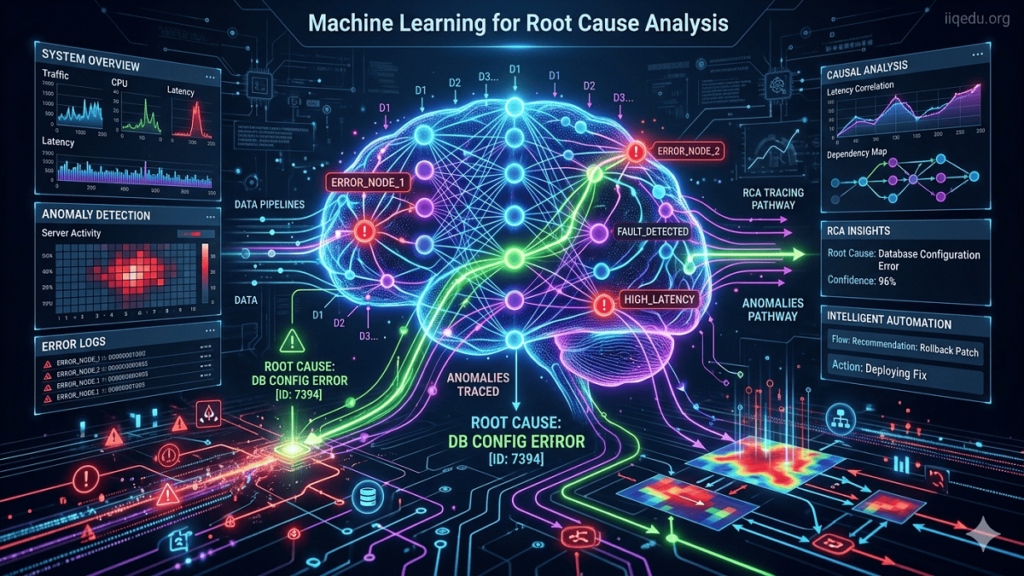 Machine learning system analyzing data patterns to identify root causes, with neural networks, dashboards, and highlighted anomaly pathways leading to a central issue.