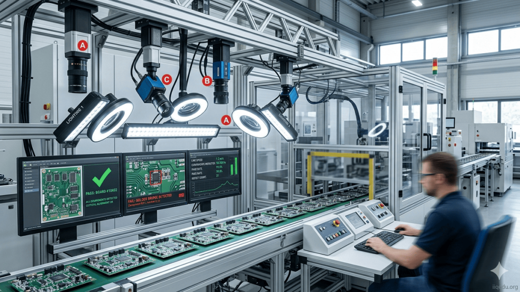 “Machine vision system inspecting products on a production line with cameras and monitors, detecting defects, watermark iiqedu.org.”