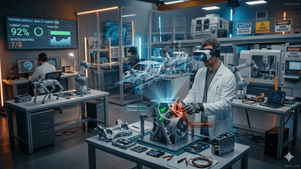 Factory worker wearing a VR headset performing quality inspection on automotive components with holographic overlays.
