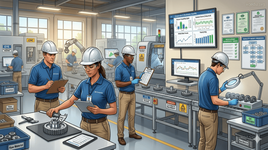 Corporate & Business Quality “Illustration of a modern corporate office where managers and employees monitor KPIs and collaborate to ensure business quality. Watermark 'iiqedu.org' is in the top-right corner.”