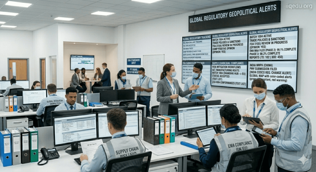 Regulatory and compliance specialists monitoring global dashboards for FDA, EMA, and international regulations affected by geopolitical risks in a professional office environment.