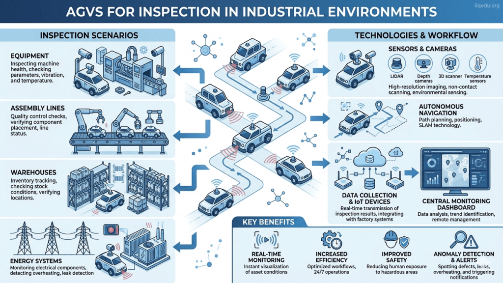 Infographic showing Automated Guided Vehicles (AGVs) performing inspections in manufacturing, warehouses, and energy facilities, equipped with sensors, cameras, and IoT devices, with iiqedu.org watermark in the top-right corner.
