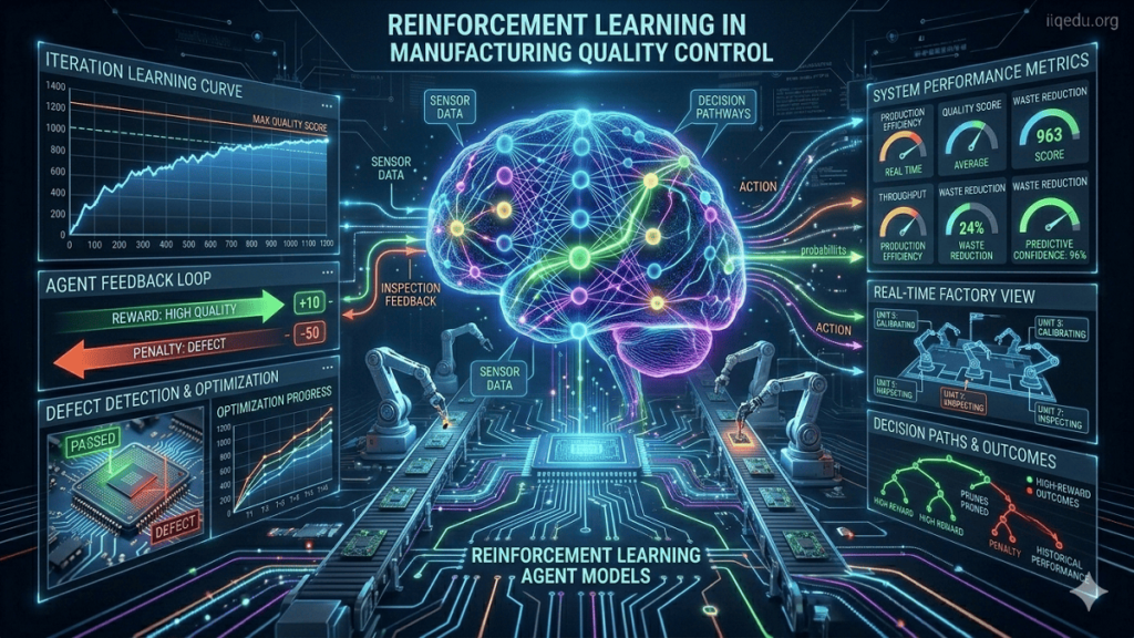 Reinforcement learning system optimizing manufacturing quality control, with AI agents interacting with production lines, monitoring defects, and improving decisions through feedback loops.