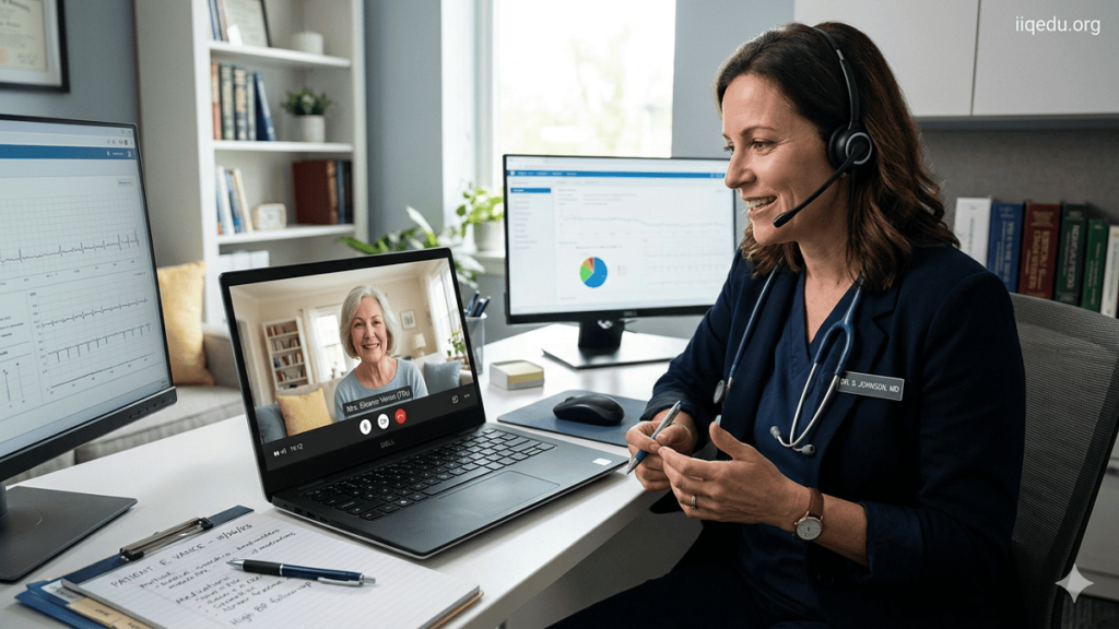 Telehealth Quality Assurance. Doctor conducting a virtual consultation with a patient via laptop, ensuring clear communication and quality care in a remote setting.