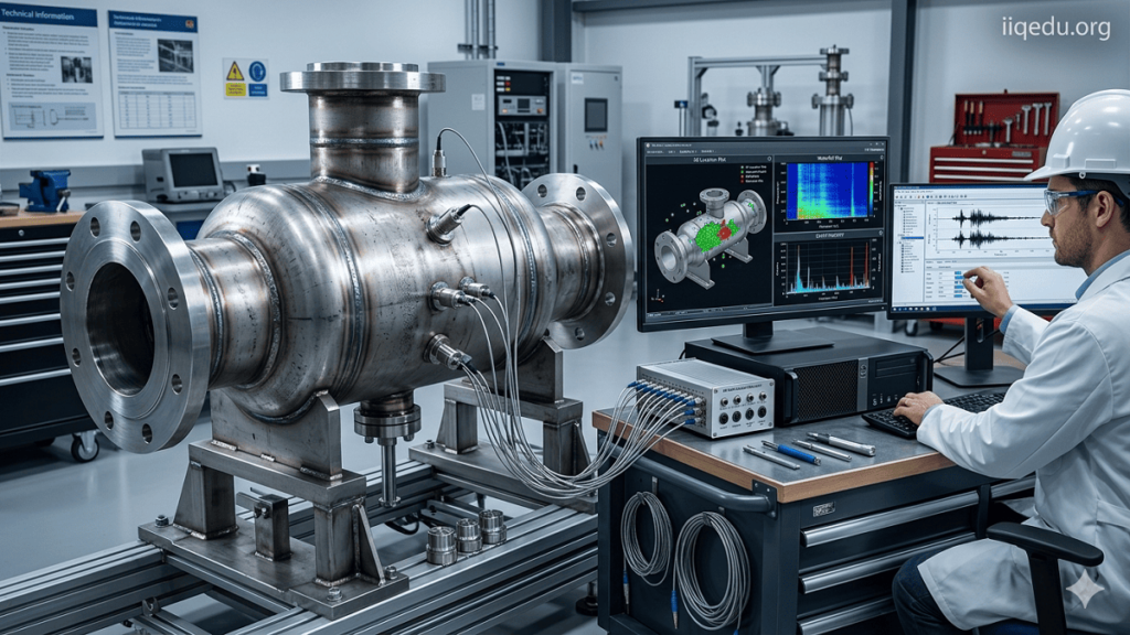 Acoustic Emission (AE) Testing in progress on a metal pipeline with sensors and monitoring equipment, showing real-time defect detection.
