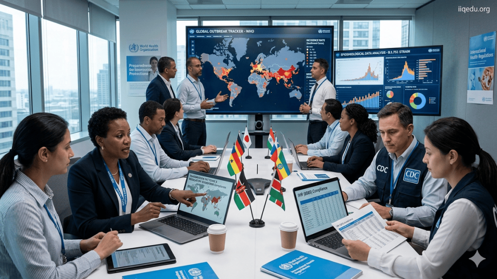 WHO Regulations & Global Health. Public health officials coordinating international response to a disease outbreak, with epidemiological maps and data on screens, following WHO standards.