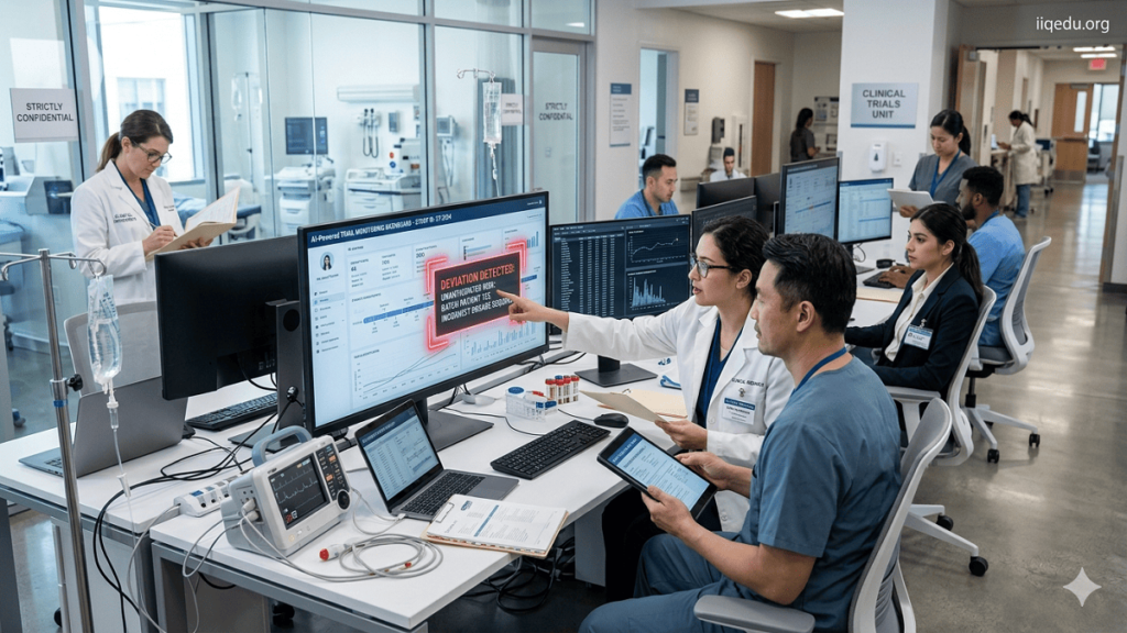AI in Healthcare Quality Monitoring. Healthcare professionals monitoring patient data on AI-powered digital dashboards in a clinical trial, highlighting predictive alerts and quality monitoring.