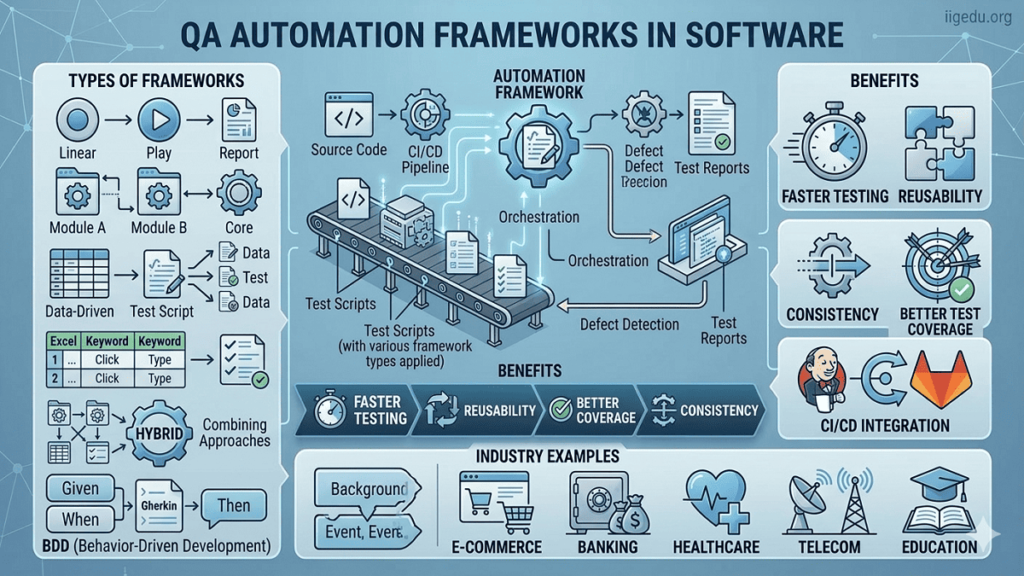 Infographic illustrating QA automation frameworks in software, showing types such as linear, modular, data-driven, keyword-driven, hybrid, and BDD, with benefits and industry applications.