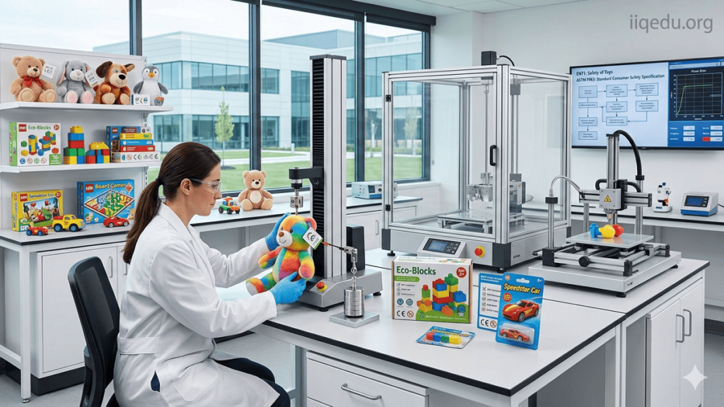 Toy Safety Standards (EN71, ASTM F963) “Illustration of a toy manufacturing facility where engineers and quality control staff inspect toys for safety. CE and ASTM compliance symbols are visible. Watermark 'iiqedu.org' is in the top-right corner.”