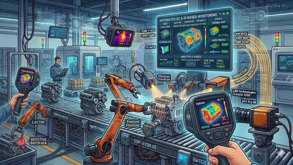 Thermal imaging detecting hotspots on machinery and electrical panels in an industrial setting, with a technician monitoring live heat maps. Watermark 'iiqedu.org' in the top-right corner.
Thermal Imaging for Fault Detection