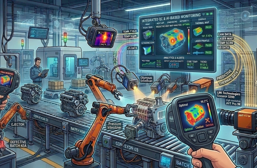 Thermal imaging detecting hotspots on machinery and electrical panels in an industrial setting, with a technician monitoring live heat maps. Watermark 'iiqedu.org' in the top-right corner. Thermal Imaging for Fault Detection