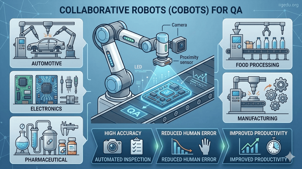 
Infographic showing collaborative robots (cobots) performing quality assurance tasks such as product inspection and defect detection in manufacturing industries.