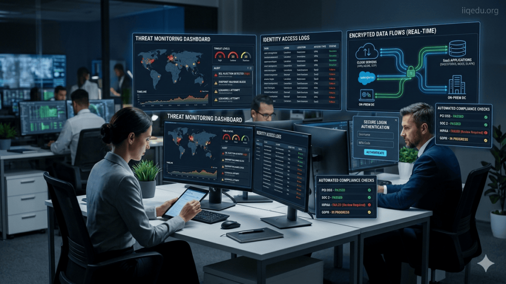 Cloud Security & SaaS Quality. IT professionals monitoring cloud servers and SaaS applications on security dashboards with encrypted data flows and authentication alerts, with watermark 'iiqedu.org' in top-right corner.
